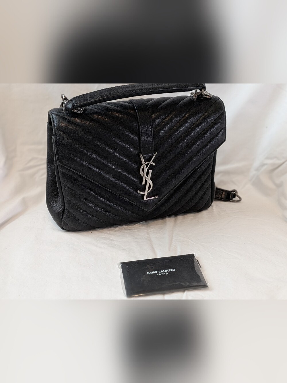 Saint Laurent Black Quilted Chevron Leather Shoulder Bag with YSL Logo - Picture 1 of 8